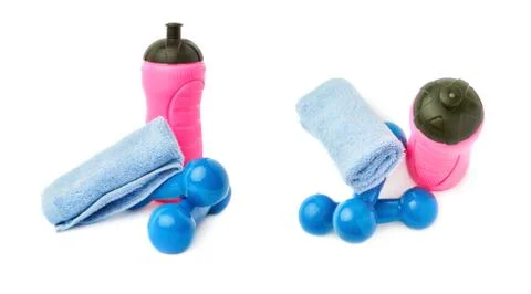 Set of Pair Plastic coated dumbells isolated over the white background Stock Photos