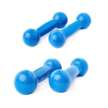 Set of Pair Plastic coated dumbells isolated over the white background Fotos Stock