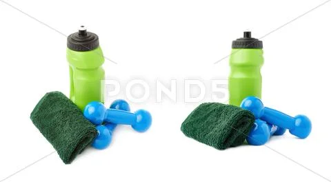 Set of Pair Plastic coated dumbells isolated over the white background Stock Photos