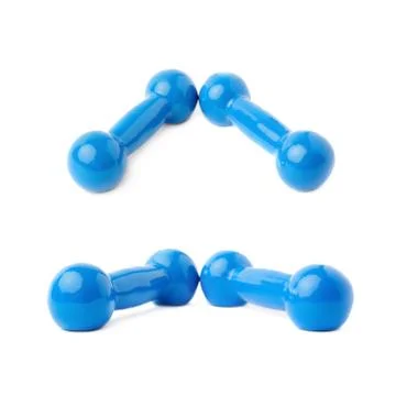 Set of Pair Plastic coated dumbells isolated over the white background Fotos Stock