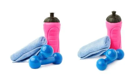 Set of Pair Plastic coated dumbells isolated over the white background Stock Photos
