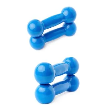 Set of Pair Plastic coated dumbells isolated over the white background Fotos Stock