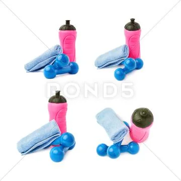 Set of Pair Plastic coated dumbells isolated over the white background Stock Photos