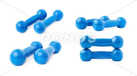 Set of Pair Plastic coated dumbells isolated over the white background Stock Photos