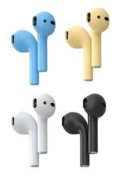 Set of pairs of wireless earbuds in blue, yellow, white, and black color Stock Illustration