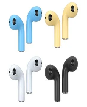 Set of pairs of wireless earbuds in blue, yellow, white, and black color, i.. Stock Illustration