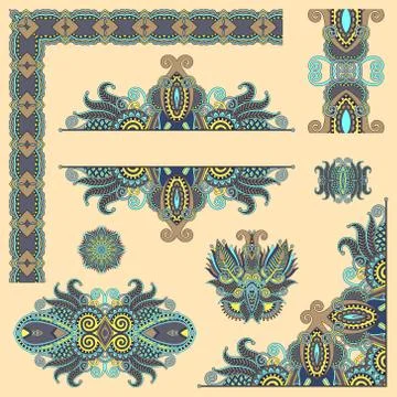 Set of paisley floral design elements for page decoration, frame Stockillustratie