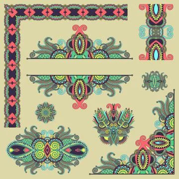 Set of paisley floral design elements for page decoration, frame Stockillustratie