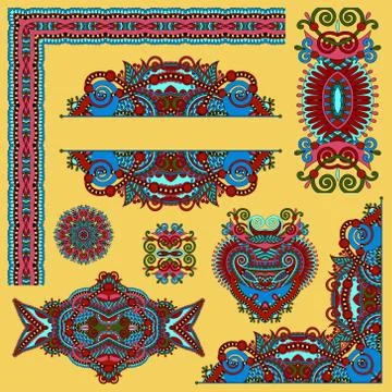 Set of paisley floral design elements for page decoration, frame Stockillustratie
