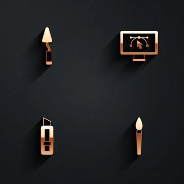 Set Palette knife Computer with design program Stationery and Paint brush ico Stock Illustration