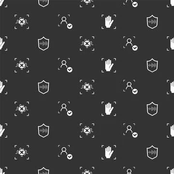 Set Palm print recognition, Shield voice, Rejection and Face on seamless pattern Illustrazione stock