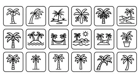 Set of palm tree line icons for tropical summer travel and beach. 스톡 일러스트