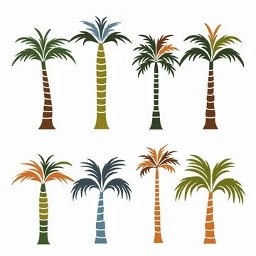 Set palm trees vector illustrations isolated white background. Different types Stock Illustration