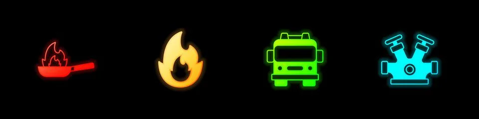 Set Pan with fire, Fire flame, truck and hydrant icon. Vector 스톡 일러스트