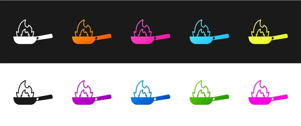 Set Pan with fire icon isolated on black and white background. Vector Stock Illustration