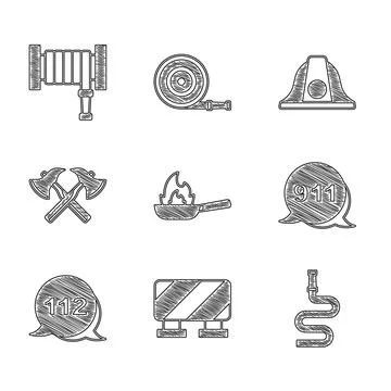 Set Pan with fire, Road barrier, Fire hose reel, Emergency call 911, Firefighter Illustration