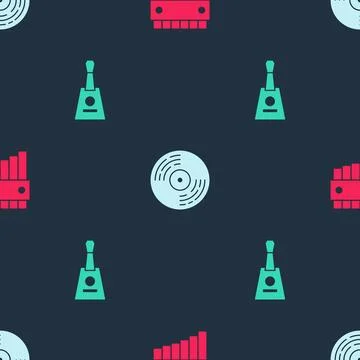 Set Pan flute, Vinyl disk and Balalaika on seamless pattern. Vector イラスト素材
