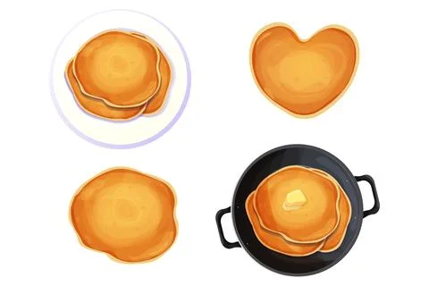 Set Pancakes in plate, heary shape, stack and in frying pan with butter top view Illustrazione stock
