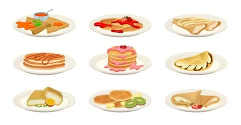 Set of pancakes on a plate. Vector illustration on white background. Illustrazione stock