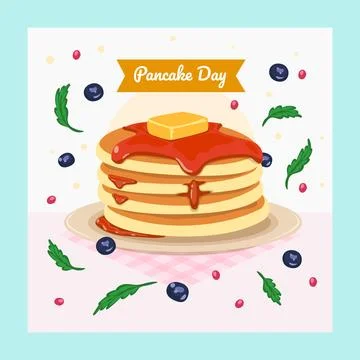 Set of pancakes set illustration. Stacks of tasty pancakes with, cherry, bl.. Stock Illustration