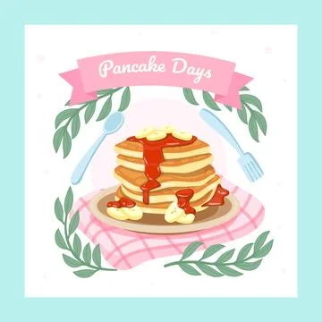 Set of pancakes set illustration. Stacks of tasty pancakes with, cherry, bl.. Stock Illustration