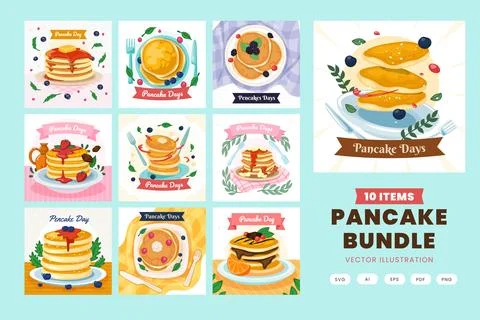 Set of pancakes set illustration. Stacks of tasty pancakes with, cherry, bl.. Stock Illustration