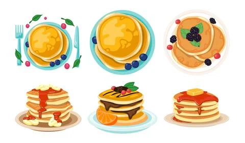 Set of pancakes set illustration. Stacks of tasty pancakes with, cherry, bl.. Stock Illustration