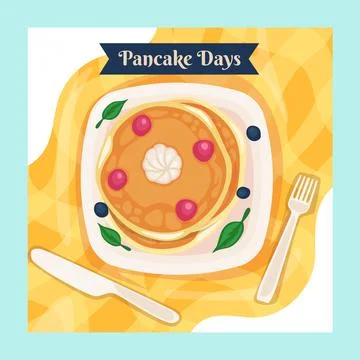 Set of pancakes set illustration. Stacks of tasty pancakes with, cherry, bl.. Stock Illustration