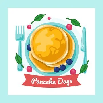 Set of pancakes set illustration. Stacks of tasty pancakes with, cherry, bl.. Stock Illustration