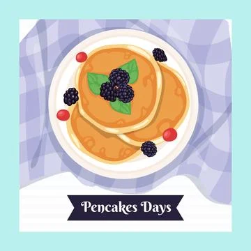 Set of pancakes set illustration. Stacks of tasty pancakes with, cherry, bl.. Stock Illustration