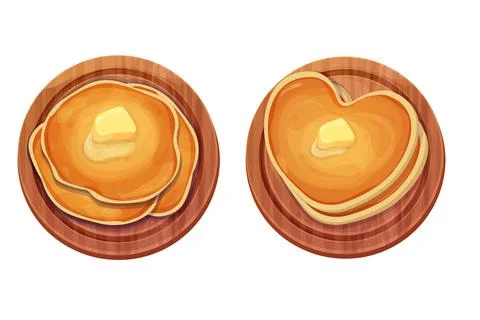 Set Pancakes stack with butter top view on wooden round desk or plate in cartoon Illustrazione stock