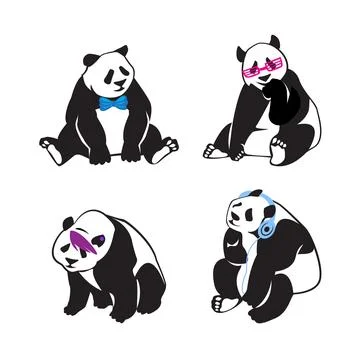 Set of panda bears with color human accessories. Vector illustration. Stock Illustration