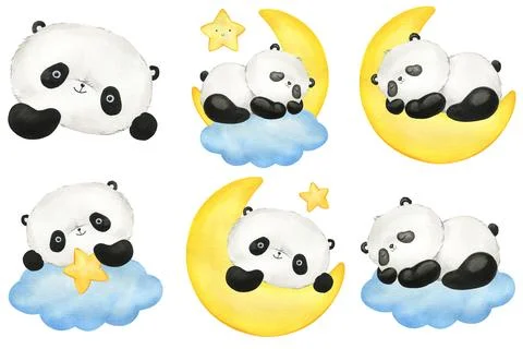 Set Panda, cloud and moon hand drawn watercolor Illustration. Cute little panda Ilustração Stock
