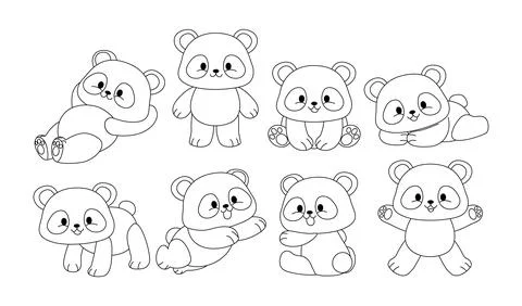 Set of panda doodle collection, panda outline coloring page or book animals.. Stock Illustration