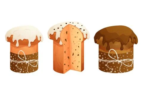 Set Panettone traditional, collection Easter cakes with glaze and decorations in Illustration