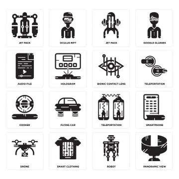 Set of Panoramic view, Robot, Drone, Teleportation, Cooker, Bionic contact le Free Stock Illustration