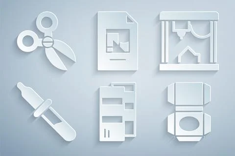 Set Pantone, 3D printer, Pipette, Carton cardboard box, File document and Stock Illustration