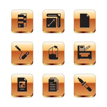 Set Pantone, File document, Printer ink bottle, Paint roller brush, Empty Stock Illustration