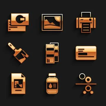 Set Pantone, Printer ink bottle, Paper roll of printing press, Business card Stock Illustration