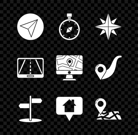 Set Paper airplane, Compass, Wind rose, Road traffic sign, Map pointer with Illustrazione stock
