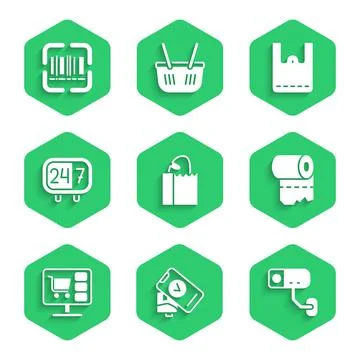 Set Paper bag with bread loaf, POS terminal, Security camera, Toilet paper roll Stock Illustration
