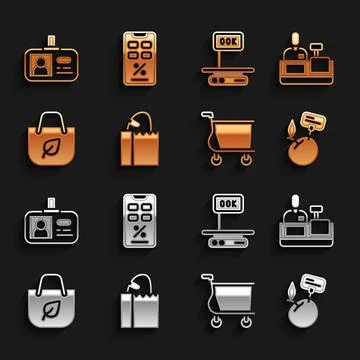 Set Paper bag with bread loaf, Supermarket food products price label, Shopping Stock Illustration