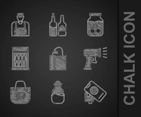 Set Paper bag with bread loaf, Spice in can, POS terminal, Scanner scanning bar Stock Illustration