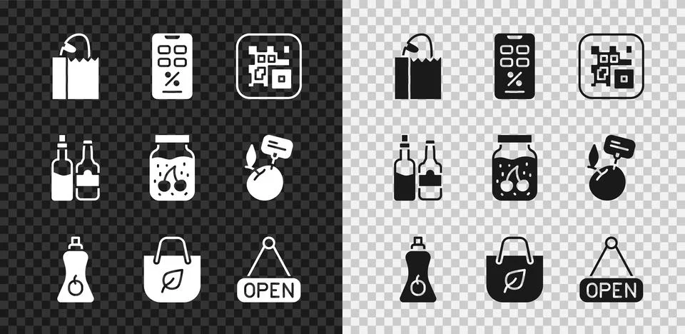 Set Paper bag with bread loaf, Percent discount and mobile, QR code, Sauce Ilustración de archivo