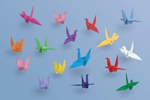 Set of paper birds on blue background.the art of origami Stock Illustration
