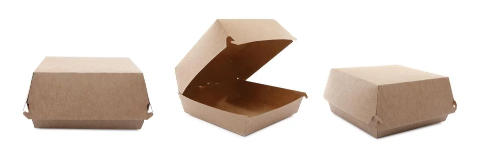 Set with paper boxes on white background, banner design. Container for food Foto stock