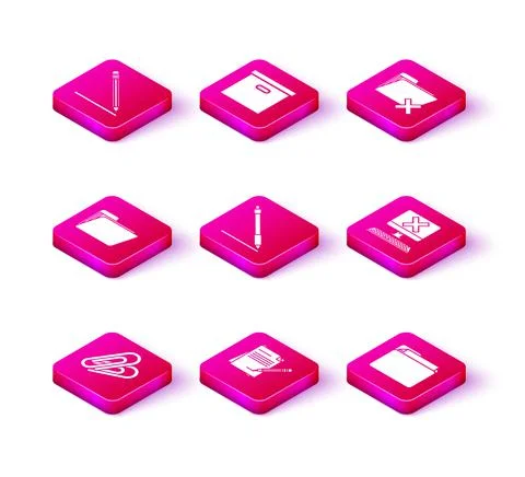 Set Paper clip, Blank notebook and pencil with eraser, Document folder, Pen line Stock Illustration