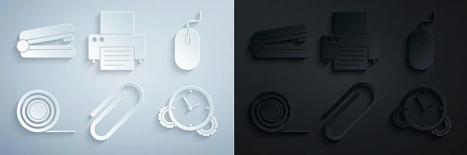 Set Paper clip, Computer mouse, Scotch, Time Management, Printer and Office Stock Illustration
