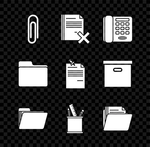 Set Paper clip, Delete file document, Telephone, Document folder, Pencil case Illustrazione stock