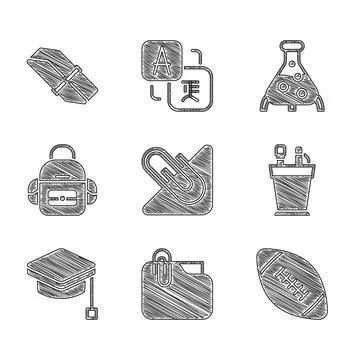 Set Paper clip, Document folder with, American football ball, Pencil case Stock Illustration